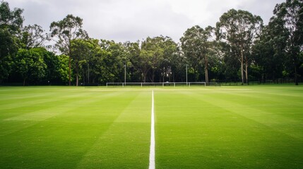 Fototapeta premium A serene outdoor cricket net practice area with lush green grass, freshly painted white lines, and a backdrop of trees