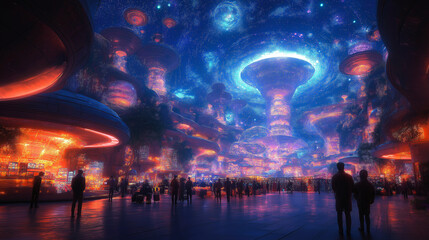 Obraz premium Futuristic city, glowing with vibrant neon hues, offers a glimpse into a world beyond our own.