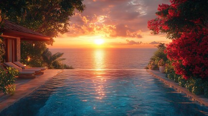 Serene sunset over a tranquil poolside with lush greenery and vibrant flowers.