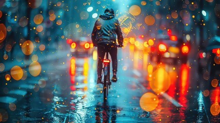 Urban biking commute, dynamic action, vibrant colors, cityscape, modern