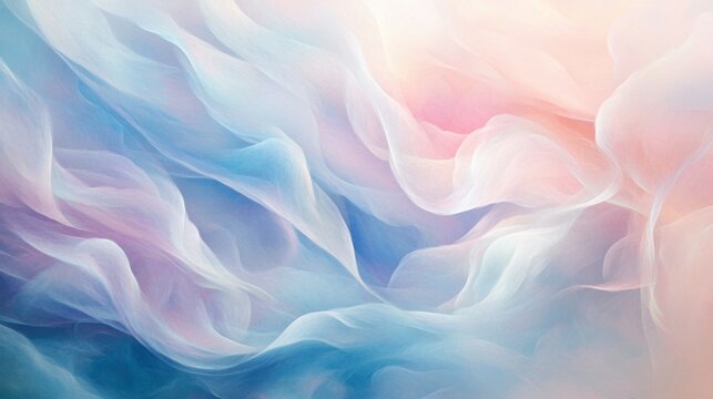 Soft waves of pastel pink and blue merge in a serene composition, evoking a dreamy mist filled with gentle transitions and shimmering highlights. Generative AI
