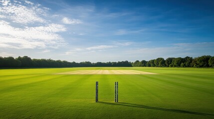 A serene outdoor cricket practice area with a well-maintained pitch and neatly placed wickets, surrounded by open fields and a bright blue sky, early morning light creating a calm ambiance
