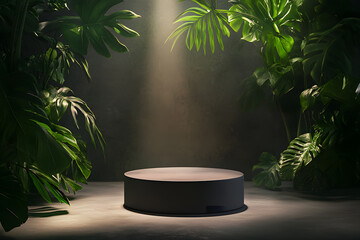 Stylish Blackish Round Product Display Podium Set Against a Dark Background, Surrounded by Lush Green Leaves, Enhanced by a Gentle Soft Light Beam Emitting from Above