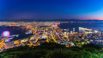 Naklejka premium 函館山から見下ろす、世界三大夜景のひとつとされる函館の夜景。湾に沿って広がる街の光が宝石のように輝き、港に停泊する船の灯りも穏やかに瞬いている。ロマンチックな夜景を眺めるカップルや観光
