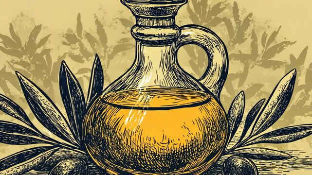 A sketch of a glass jug filled with olive oil sits beside two olives and an olive branch