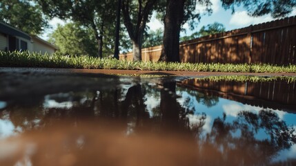 Backyard with standing water reflecting the surrounding trees and sky, capturing the serene beauty of nature's reflection and the tranquility of a still moment.