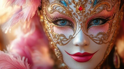 closeup of beautifully crafted venetian masquerade masks adorned with intricate patterns and feathers a mysterious ambiance created by soft diffused lighting in rich vibrant colors
