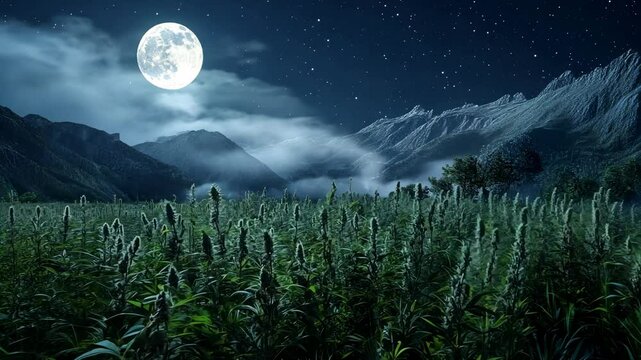 A full moon shines over a field of hemp plants in the mountains at night