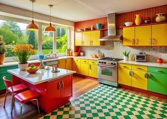 A captivating midcentury kitchen with retro appliances and stylish decor elements creates a harmonious blend of vintage
