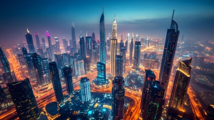 Naklejka premium Futuristic skyline with towering skyscrapers, vibrant lighting, and eco-friendly technology viewed from above