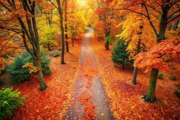 Naklejka premium A mesmerizing aerial view of a colorful autumn forest pathway with fallen leaves