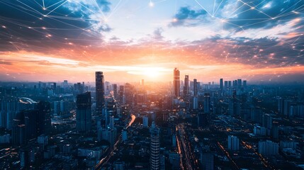 Fototapeta premium Futuristic urban skyline with interconnected skyscrapers, energy-efficient lighting, and automated hover vehicles