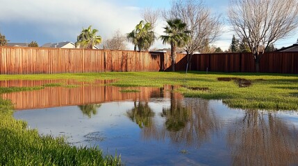 Obraz premium Backyard with standing water reflecting the surrounding trees and sky, capturing the serene beauty of nature's reflection and the tranquility of a still moment.
