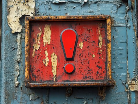 bright red exclamation mark on a bold sign against a textured gray wall, creating a striking visual contrast that grabs attention and conveys urgency