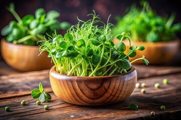 A close-up of fresh pea sprouts microgreens in a rustic wooden bowl, highlighting their vibrant green color, offering