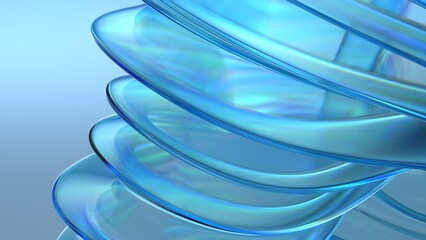 Fototapeta premium An abstract background featuring an elegant and modern 3D rendering of a blue contemporary art-inspired curve made from transparent and clear glass plates, exuding a sense of luxury.
