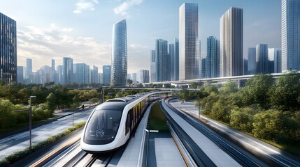 Urban futuristic cityscape with sleek modern buildings, automated public transport, and green rooftop spaces