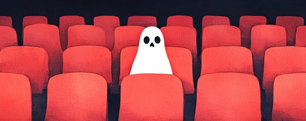 Fototapeta premium A cute ghost sits alone among red theater seats, creating a whimsical contrast in a darkened cinema setting.