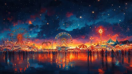 Obraz premium colorful summer carnival bathed in twilight with a backdrop of twinkling lights and lively rides joyous carnivalgoers dance amid a kaleidoscope of colors against the dusky sky