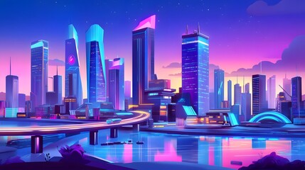 Naklejka premium Urban futuristic skyline with sleek skyscrapers, vibrant lighting, and automated transportation systems