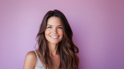 Fototapeta premium A smiling woman with long brown hair poses against a pink wall during daylight