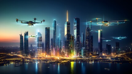 Obraz premium Overview of interconnected skyscrapers glowing with neon lights, flying vehicles, and green energy solutions