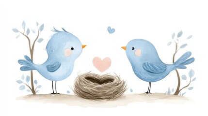 Cute Watercolor Birds with Nest and Heart