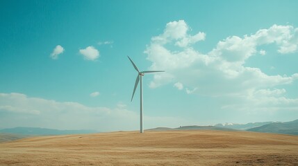 A solitary wind turbine stands tall on a grassy hill under a clear blue sky