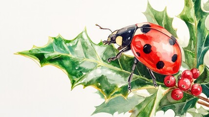 Cute Ladybug on Holly Leaves in Watercolor Style