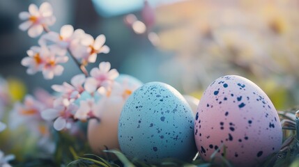 Obraz premium Colorful Easter eggs nestled among spring flowers during a sunny day