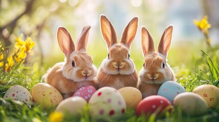 Obraz premium Three cute rabbits surrounded by colorful Easter eggs in a sunny meadow
