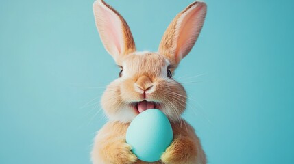 Obraz premium A cute rabbit holding a pastel blue egg against a light blue background during springtime celebrations