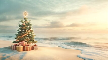A beautiful Christmas tree stands on the beach, surrounded by sand and water, as the sun sets over the ocean, creating a festive holiday atmosphere