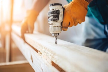A construction worker using a drill on a piece of wood in a workshop during daylight hours