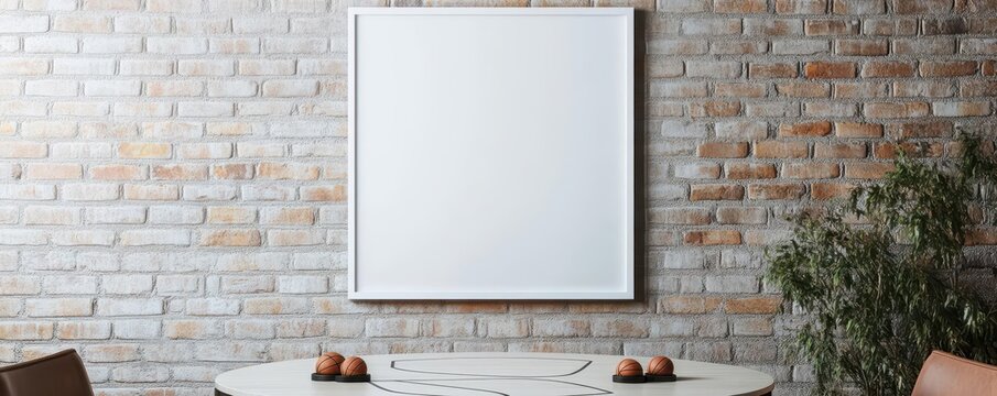 Front-facing angle of an industrial dining room with a 20x30 inch blank white frame on a brick wall