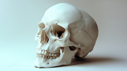 A white skull with no teeth on the side, against a plain background.