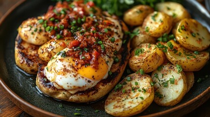 decadent eggs benedict presented with a rich glossy sauce pooling around perfectly poached eggs served alongside golden sliced potatoes garnished with vibrant paprika and fresh chives