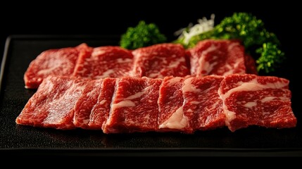 Fresh Raw Beef Slices on Black Plate