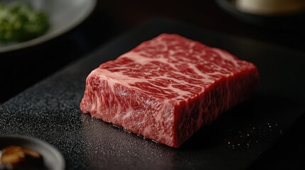 Premium Uncooked Wagyu Beef on Black Plate