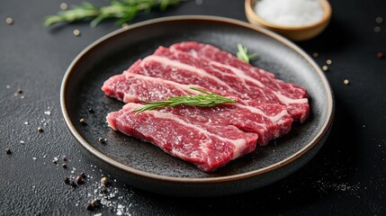 Fresh Cuts of Raw Beef on Plate with Herbs