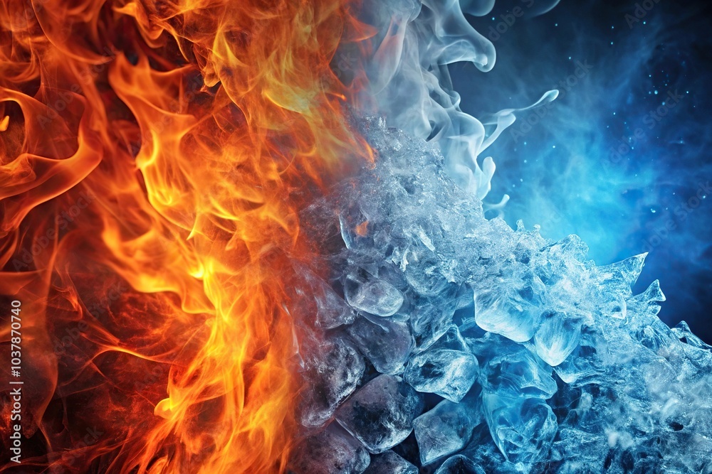 Wall mural abstract background with fire and ice elements split in half, featuring depth of field