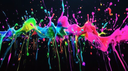 Bright splashes of neon pinks, greens, and blues dance across a black background, creating an energetic display of color and movement through modern digital techniques. Generative AI