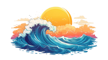 vibrant ocean wave with cheerful sun setting in background, showcasing bold colors and cartoon style. transparent background