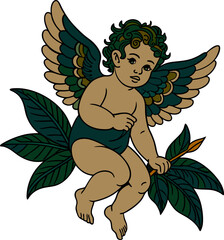 Vintage cherub with green wings holding branch in art style