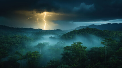 Obraz premium dramatic thunderstorm illuminates dense rainforest, with lightning striking through dark clouds. scene captures raw power of nature, showcasing lush greenery and misty landscapes