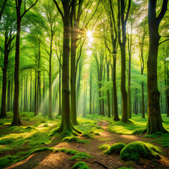 Obraz premium morning in the forest. forest, trees, nature, sun, tree, landscape, mist, light, autumn, misty, fog, green, woods, path, morning, sunlight, spring, foggy, woodland, foliage, park, wood, summer, sunris