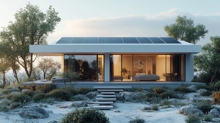 Obraz premium eco house featuring solar panels on its roof against a pristine white background symbolizing sustainability and ecofriendliness in modern architecture surrounded by a serene environment