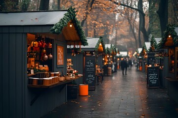 Naklejka premium Enchanting Christmas market with quaint wooden chalets adorned with garlands and ornaments locals and visitors perusing the handmade wares sipping on steaming cups of mulled wine
