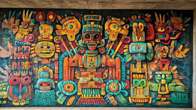 A colorful mural depicting Aztec deities adorns a wall in Mexico City