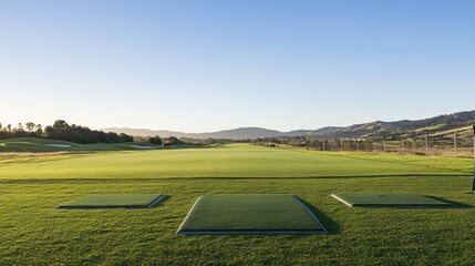 A serene outdoor golf driving range with neatly arranged tee stations and a backdrop of rolling hills, surrounded by a clear blue sky and early morning light, Minimalist style
